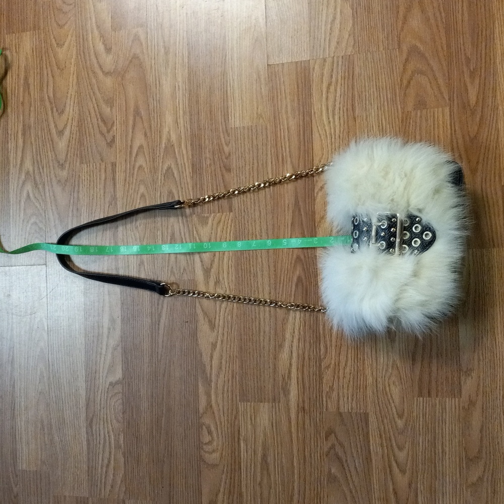 Faux Fur Gold Chain Shoulder Bag - Cream and Black, Gold Designed Buckle - Picture 3 of 9
